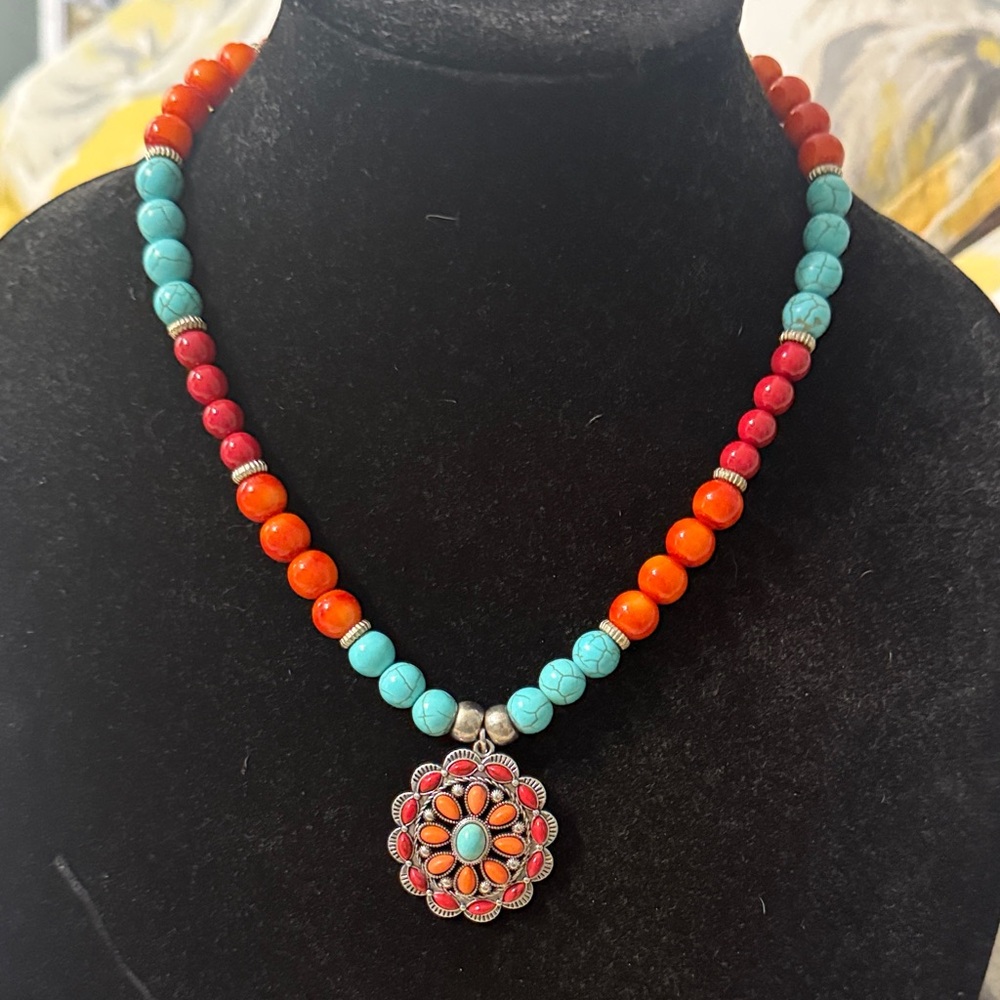 Handcrafted Turquoise & Orange Beaded Pendant Necklace